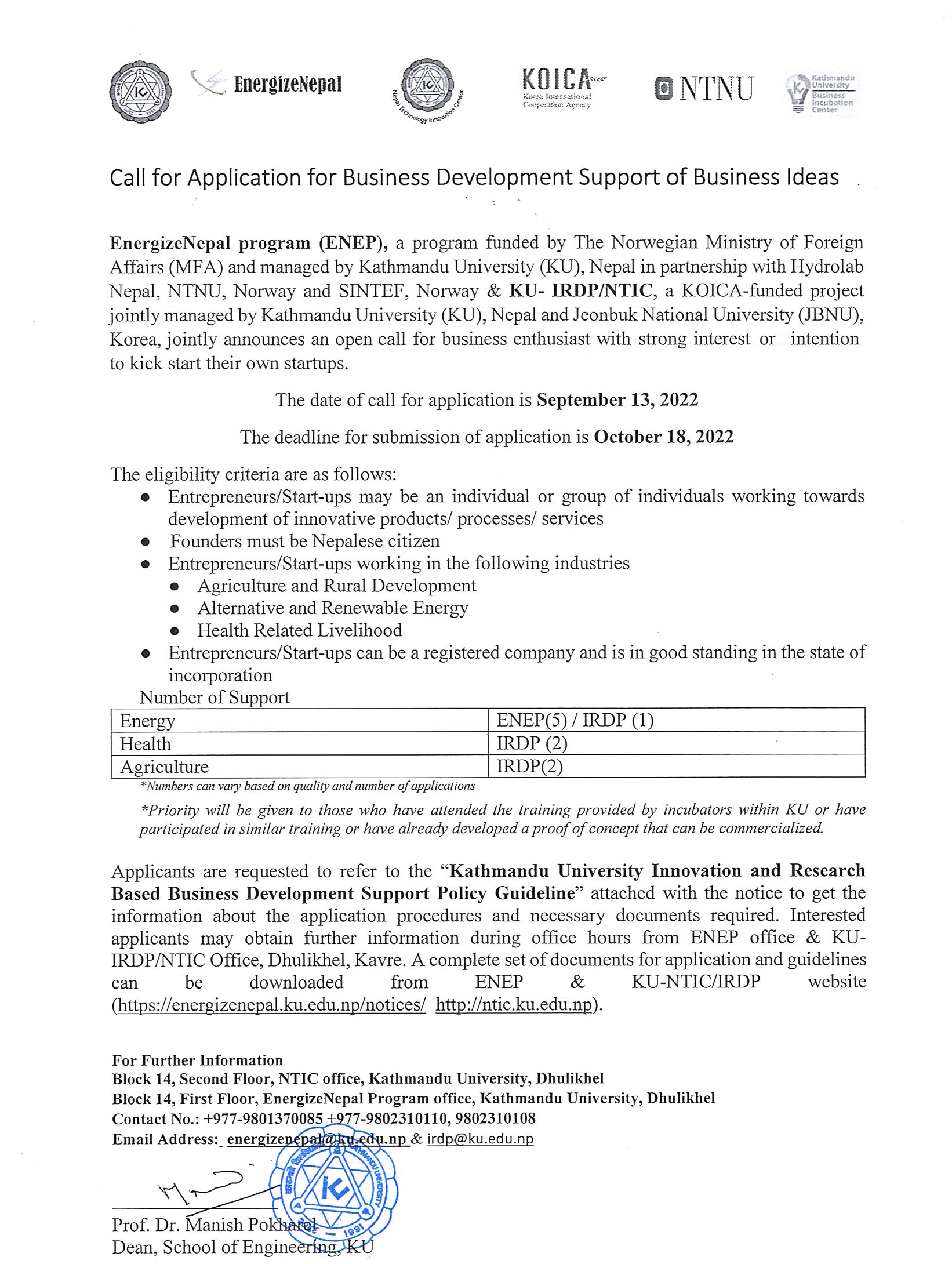 Call for Application for Business Development Support of Business Ideas