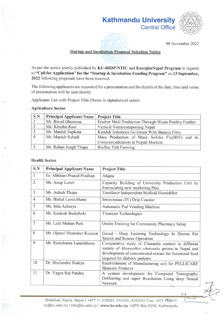 Startup and Incubation Proposal Selection Notice
